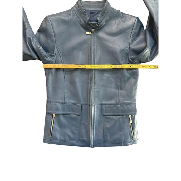 Women's Blue Leather Long Sleeves Zip Up Bomber Jacket Size 55 - Picture 2 of 5